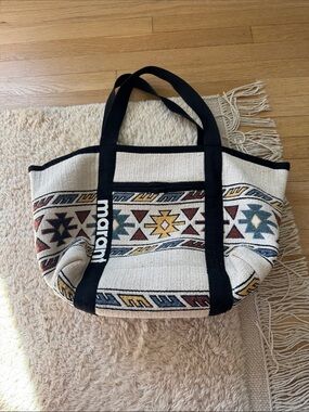 Isabel Marant Cream Tote with Black Straps and Multicolor Geometric Motif